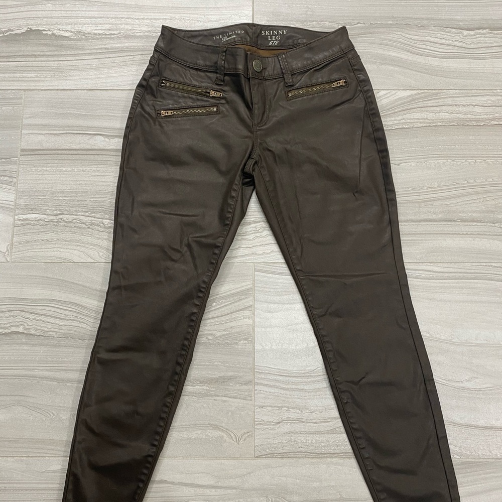 Skinny Moto Brown Coated Jeans with Zipper Detail